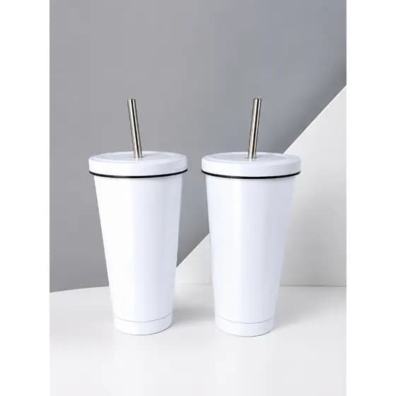 2 Copos Térmicos Brancos 500ml Sublimáticos com Tampa e Canudo