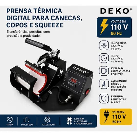 Prensa Térmica para Canecas Digital DEKO Sublimação Profissional