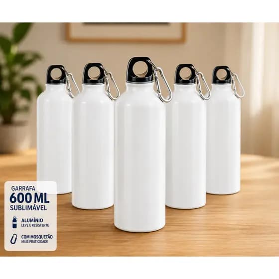 Kit Garrafas para Sublimação Branca com Mosquetão Alumínio 600ml 10 und