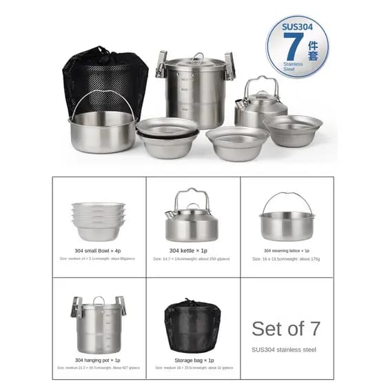 CLS Camping 304 Conjunto de panelas de aço inoxidável Piquenique Panelas domésticas portáteis Conjunto de 7 peças
