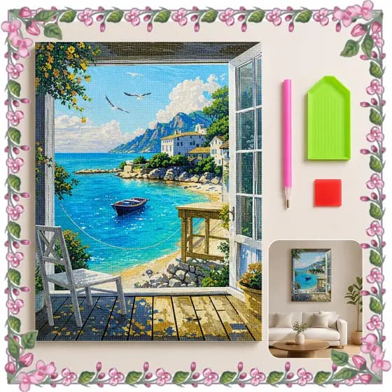 30 x 40 cm, Pintura com diamantes quadrados 5D, Conjunto de arte com diamantes Cabana à beira-mar, artesanato DIY