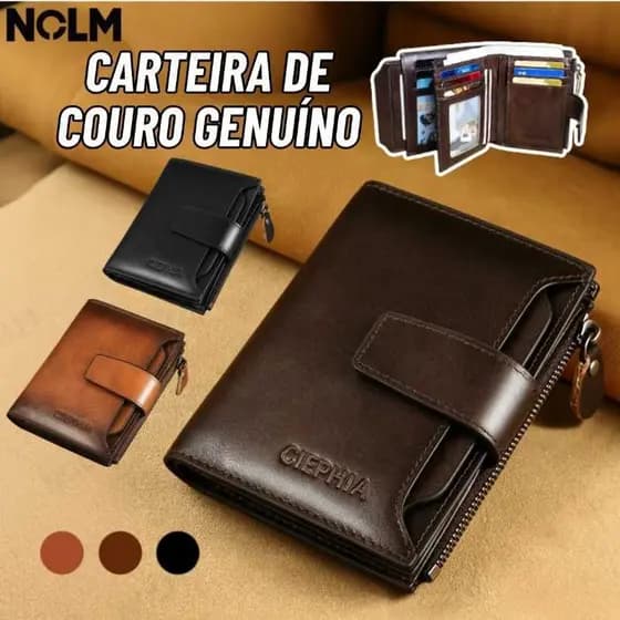 Carteira masculina retrô de couro legítimo com três dobras e sistema antifurto, disponível em três cores-NO