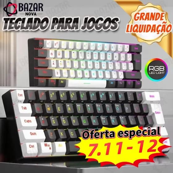 Teclado para jogos com fio 61-Key RGB Backlight Mini Compact USB-C Cabo de alimentação plugável