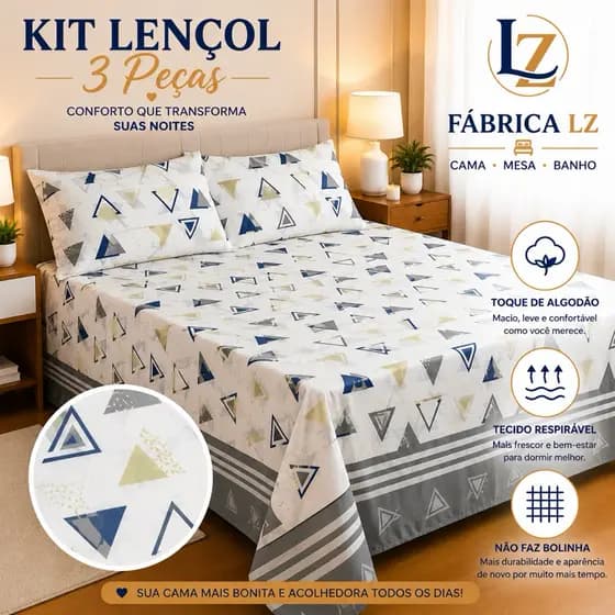 kit Lençol 3Pçs Casal Queen Percal 500 Fios Linha Premium Luxo