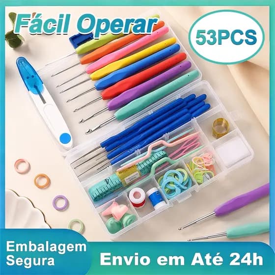 Kit Croche Completo 53 Pecas Para Amigurumi Agulhas Cabo Soft Tesoura Acessorios Marcadores Estojo