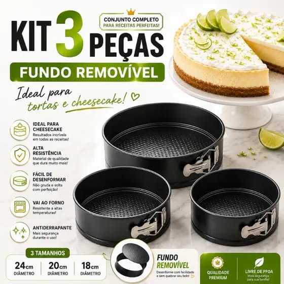 Kit 3 Formas Redondas Fundo Removível Antiaderente Para Bolo Cheesecake Torta Quiche 24 26 28cm |4047| Novidade