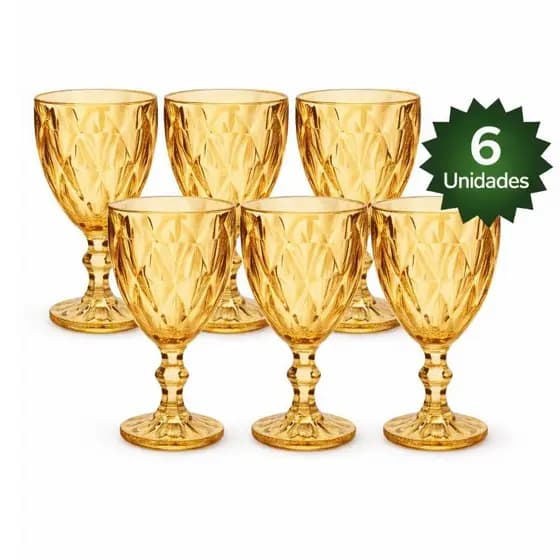 Jogo de 6 Taças de Vidro Diamond Transparente Dourada Fume 330ml |3250| Novidade