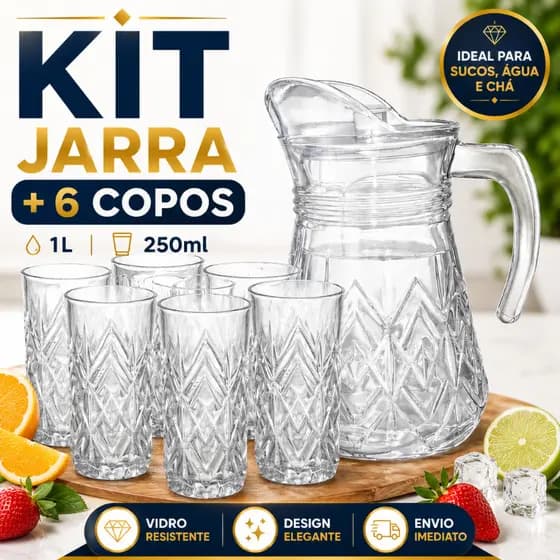 Kit Jarra de Vidro 1 Litro + 6 Copos 250ml Jogo de Jarra com Copos Suco Água Chá Mesa Posta Cozinha |CJPS088| Novidade