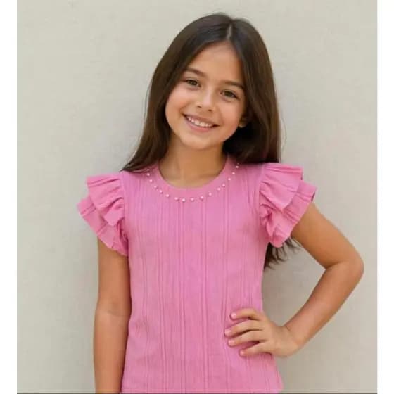 Blusa Infantil Feminina em Malha Anarruga com Pérolas e Babados | Confortável e Elegante 💖🌸