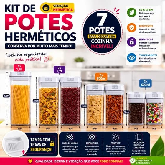 7 Potes Herméticos para Mantimentos de Acrílico Empilhavel para cozinha e alimentos organiza armário