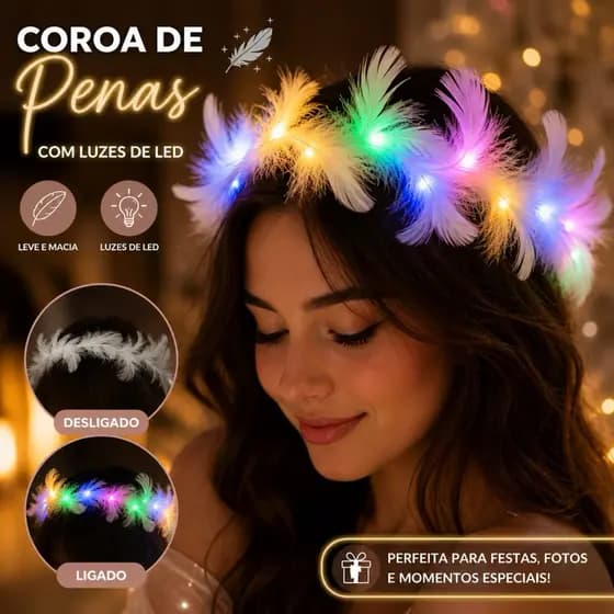 Tiara Coroa Aureola de Anjo Com Pena e Led Festas