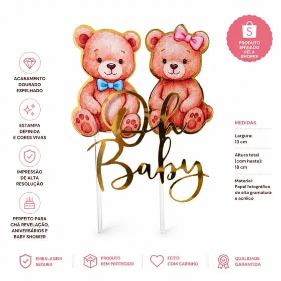 Topo de Bolo Baby Ursinhos Dourado Chá de Bebê Chá Revelação Parabéns Aniversário Mês Versario