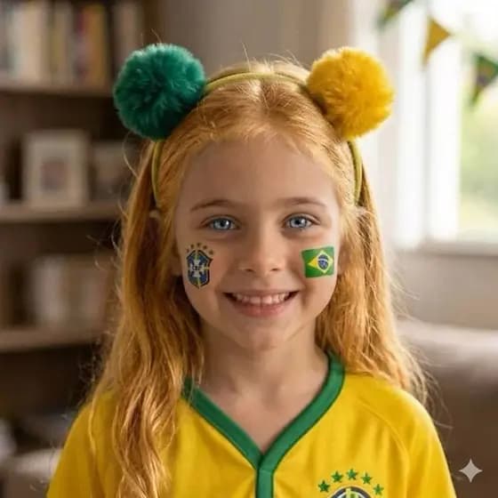 Tiara Infantil Pompom Brasil Arquinho de Cabelo Copa do Mundo Verde e Amarelo