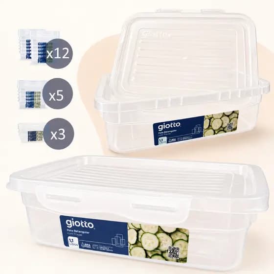 Kit Potes Plástico Transparente Marmita Fit - Tampa com Travas - Comida / Alimento - Giotto - 1,1L