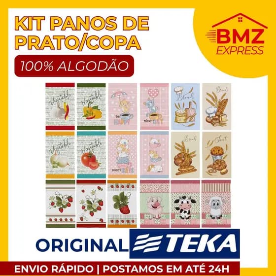 Kit 3/6/12 Panos de Prato Copa Atoalhado Teka Primore e Fiori 100% Algodão Estampados Sortidos