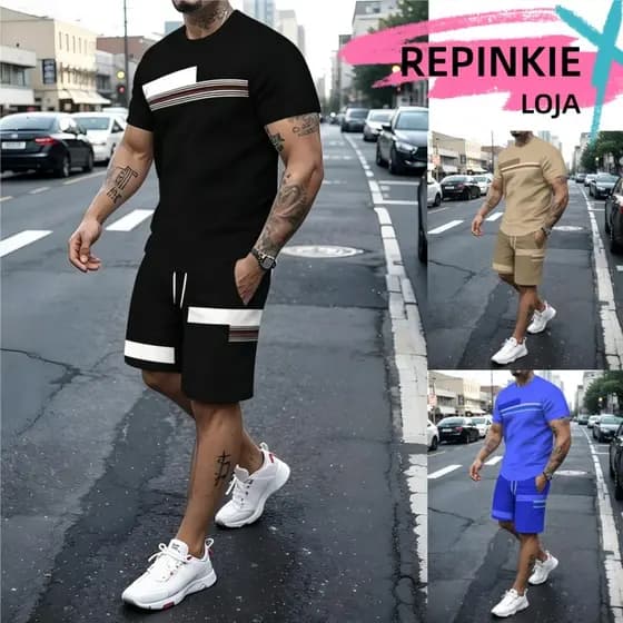 Conjunto Moletom Masculino Camiseta 2 Peças de Poliéster Confortável Shorts com Cordão