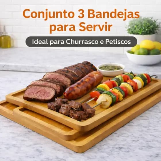 Bandeja de Servir Churrasco MDF Kit 3 Peças Retangular para Petiscos Frios Doces e Café