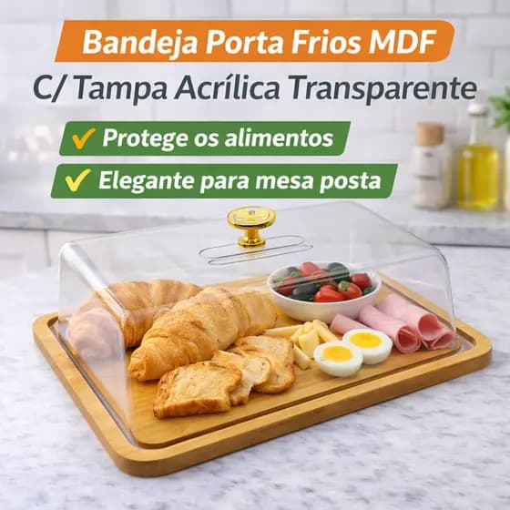Bandeja Porta Frios MDF com Tampa Acrílica Porta Pães Bolos Queijos Bandeja Café da Manhã Mesa Posta