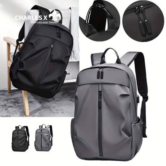 CHARLES X Mochila escolar impermeável e respirável com porta USB e compartimento para notebook