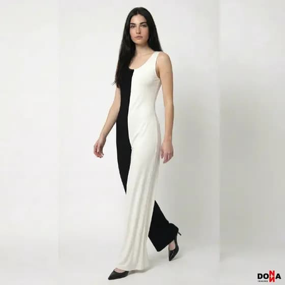 Macacão Feminino Longo Bicolor Preto e Branco – Macacão Elegante Sem Manga