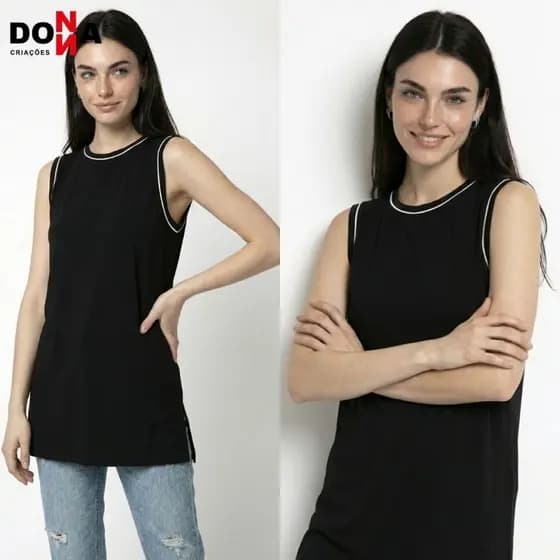 Regata Túnica Feminina em Viscose Canelada Preta com Vivo Branco e Abertura Lateral