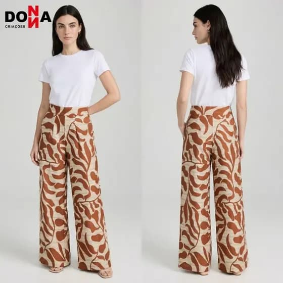 Calça Feminina Pantalona Estampada com Pregas em Linha Leve com Brilho
