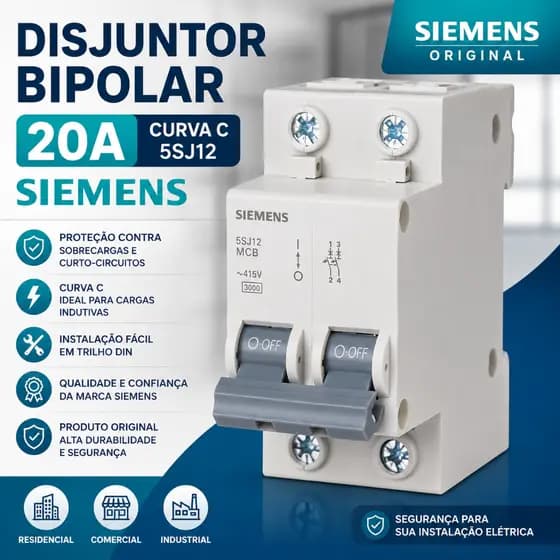 Disjuntor Bipolar Siemens 20A Curva C 5SJ12 DIN Proteção Elétrica Original