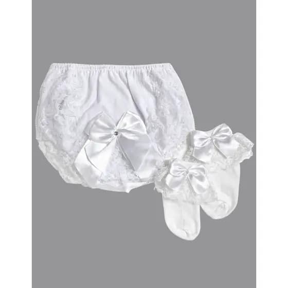 Kit Calcinha Tapa Fralda Branca Laço + Meia Infantil Renda Luxo Batizado