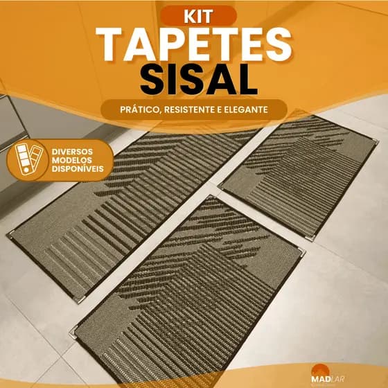 Jogo Tapete Cozinha Kit 3 Peças Sisal Antiderrapante Premium com Cantoneiras Cromadas Lavável Sem Pelo