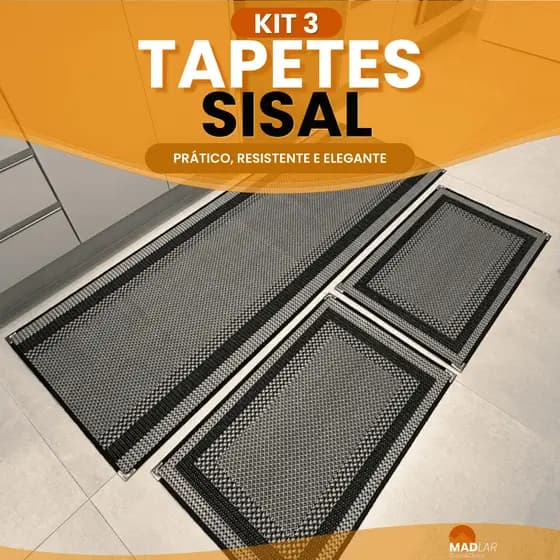 Kit Tapete 1 Passadeira 66x180 cm + 2 Capachos 50x80 cm Sisal Antiderrapante Cozinha Beira Pia Cama Lancer