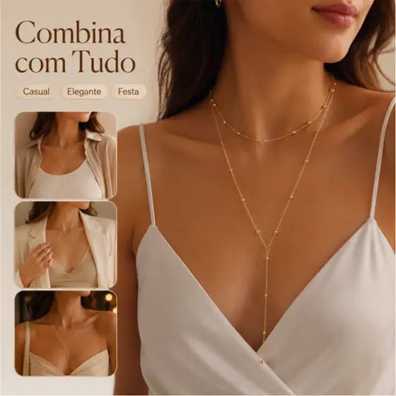 Colar Feminino Dourado Dupla Camada Gravatinha Longo com Bolinhas Delicado Elegante Festa e Dia a Dia