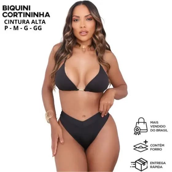 Biquíni EFEITO LIPO Top Cortininha Calcinha Asa Delta Cintura Alta de Cós PROMOÇÃO 4.4