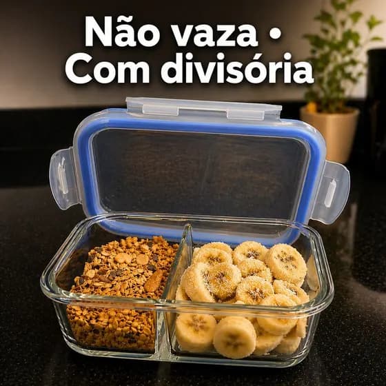 Marmita Vidro 1040ml C/ Divisória Hermético Pote Não Vaza • Freezer Forno Microondas Fitness Sem BPA