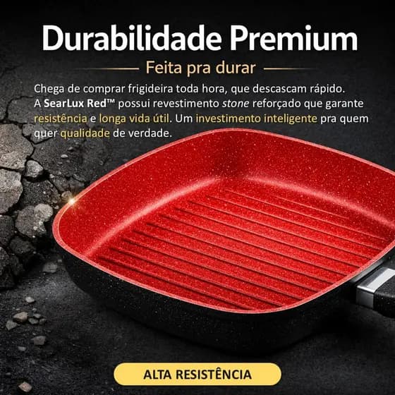 Frigideira Grill Indução Antiaderente 24cm Quadrada SearLux Red™ Panela Stone Profissional Não Gruda