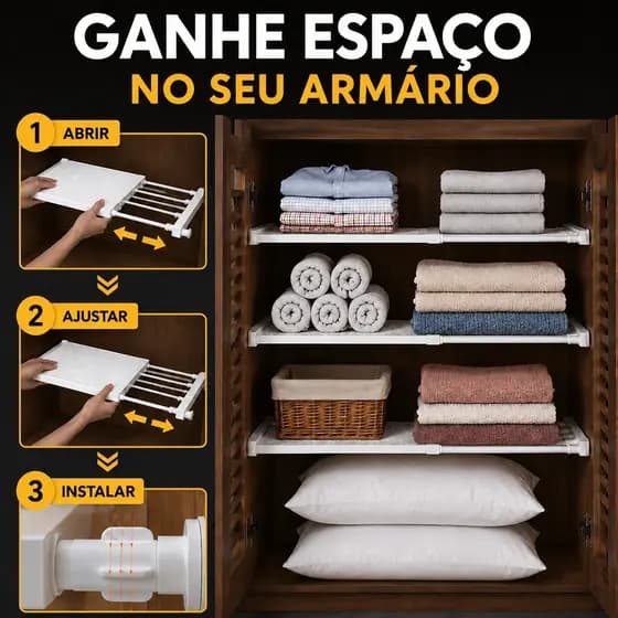Prateleira Organizadora Extensível Ajustável 45 a 80cm Retrátil Para Armários com Profundidade +35cm