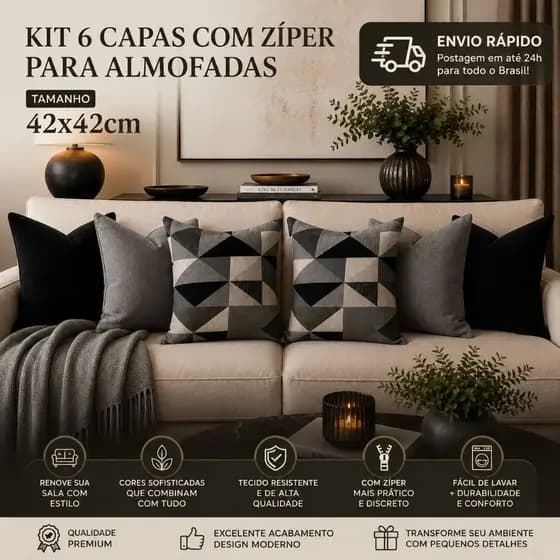KIT 6 CAPAS DE ALMOFADAS c\ZÍPER CAPAS p\ALMOFADAS DECORATIVAS SOFÁ SALA DECORAÇÃO LUXO