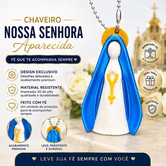 Chaveiro Nossa Senhora Aparecida em Impressão 3D | Fé, Proteção e Devoção