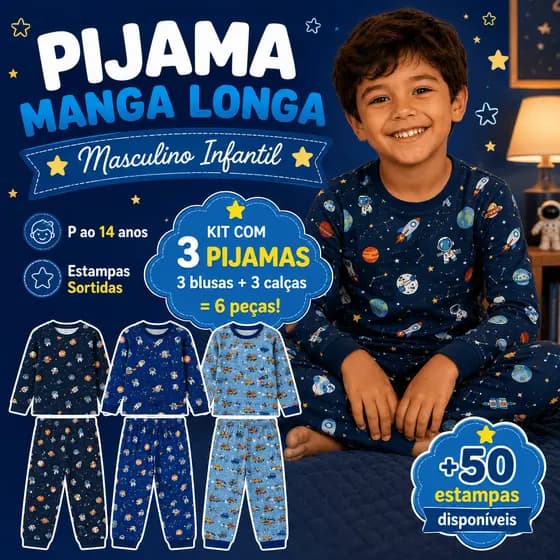 Kit 3 Pijamas Bebê Infantil Criança Manga Longa Inverno Menino Roupa de Dormir 6 Peças Estampas Sortidas