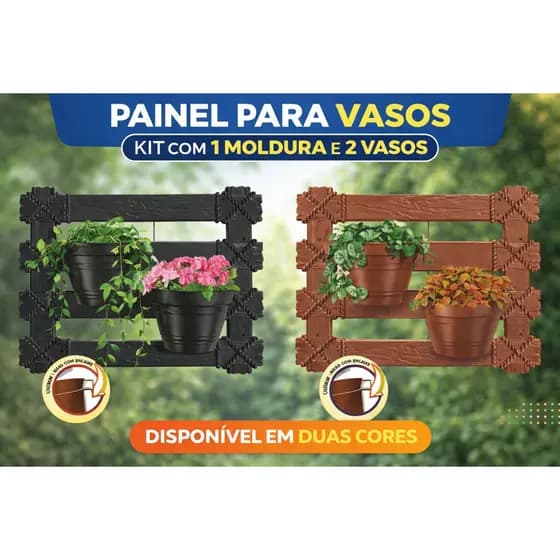Kit Painel Jardim Vertical com 2 Vasos – Painel Decorativo para Plantas Parede Interna e Externa