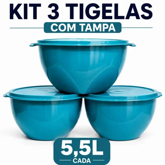 Kit 3 Tigelas Grandes 5,5L Com Tampa Hermética Bowl Plástico BPA Free Azul