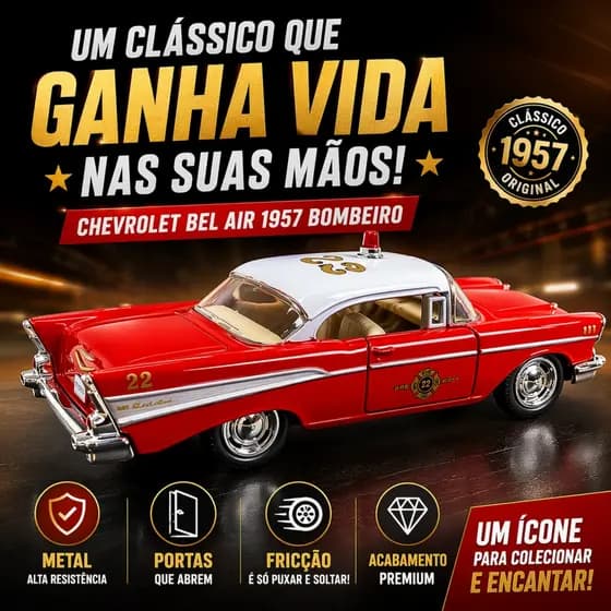 Miniatura Colecionável Chevrolet Bel Air 1957 Bombeiro Vermelho Metal Com Portas Que Abrem Fricção