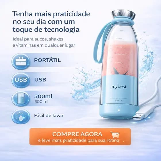 Liquidificador Portátil USB 500ml Recarregável 2 em 1 Garrafa Mixer Mini Blender Academia Suco Azul