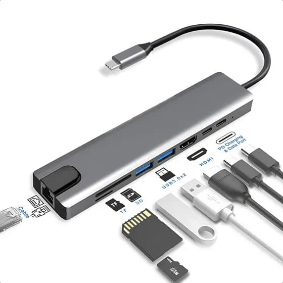 Adaptador Hub 8 em 1 USB-C HDMI 4K VGA RJ45 SD/TF 2 USB 3.0 PD 100W Para MacBook, Windows Chromebook Notebook Tablet
