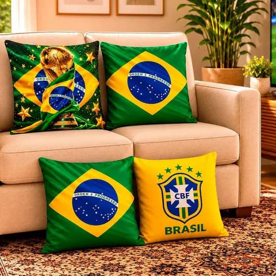 Kit 4 Capas de Almofada 40x40 Fechamento em Zíper Copa do Mundo Estampa Digital