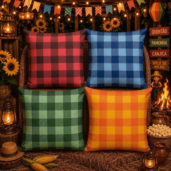 Kit 4 Capas de Almofada Enfeite Junino 40x40 Zíper Festa Junina Xadrez
