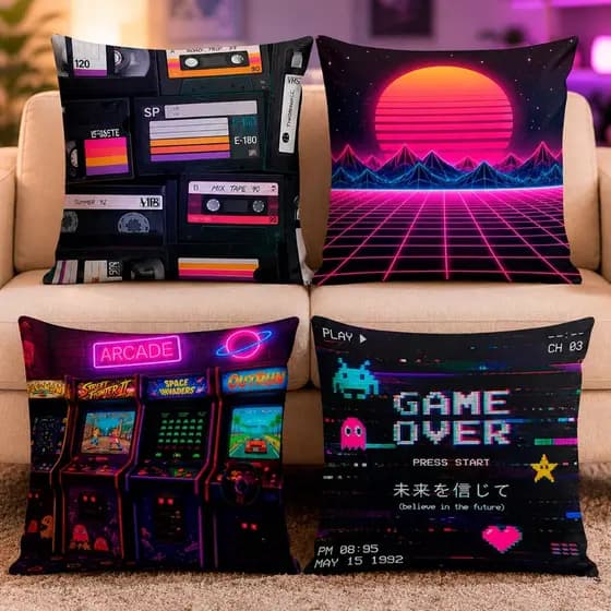 Kit 4 Capas de Almofadas Retrô Vintage 40x40 Estilo Gamer 80's 90's