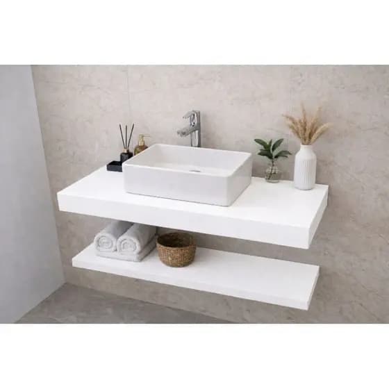 Bancada Banheiro Porcelanato Branco Neve com Prateleira Luxo 60 70 80cm
