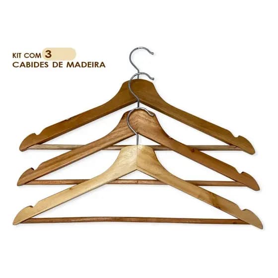 Kit 3 Cabides Para Roupas De Madeira Com Verniz Marrom-claro