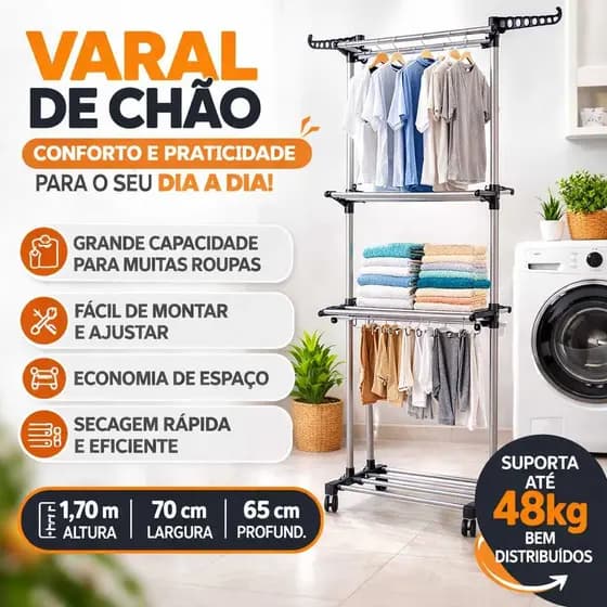Varal de Chão 3 Andares Dobrável com Rodas e Cabideiro Suporta 48kg- .