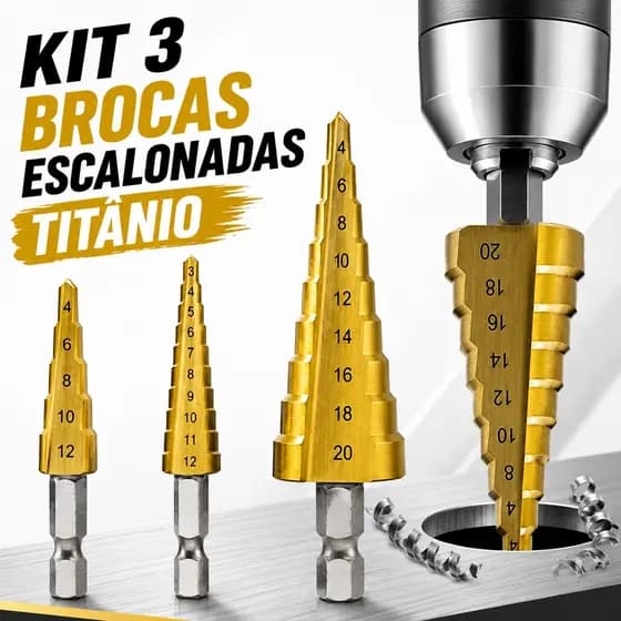 Kit 3 Brocas Escalonadas Titânio HSS 3-12 4-12 4-20mm Broca Cônica Hexagonal